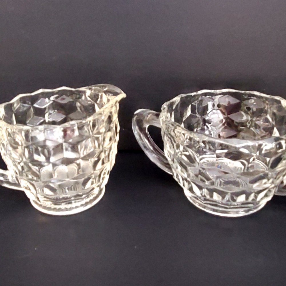 Vtg Cube Jeanette Glass Clear Cubist Pattern Sugar Bowl Creamer Depression